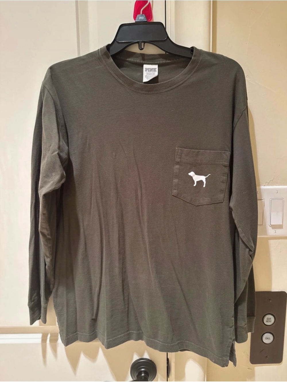 PINK Victoria's Secret Olive Green Long Sleeve Pocket Tee with White Dog